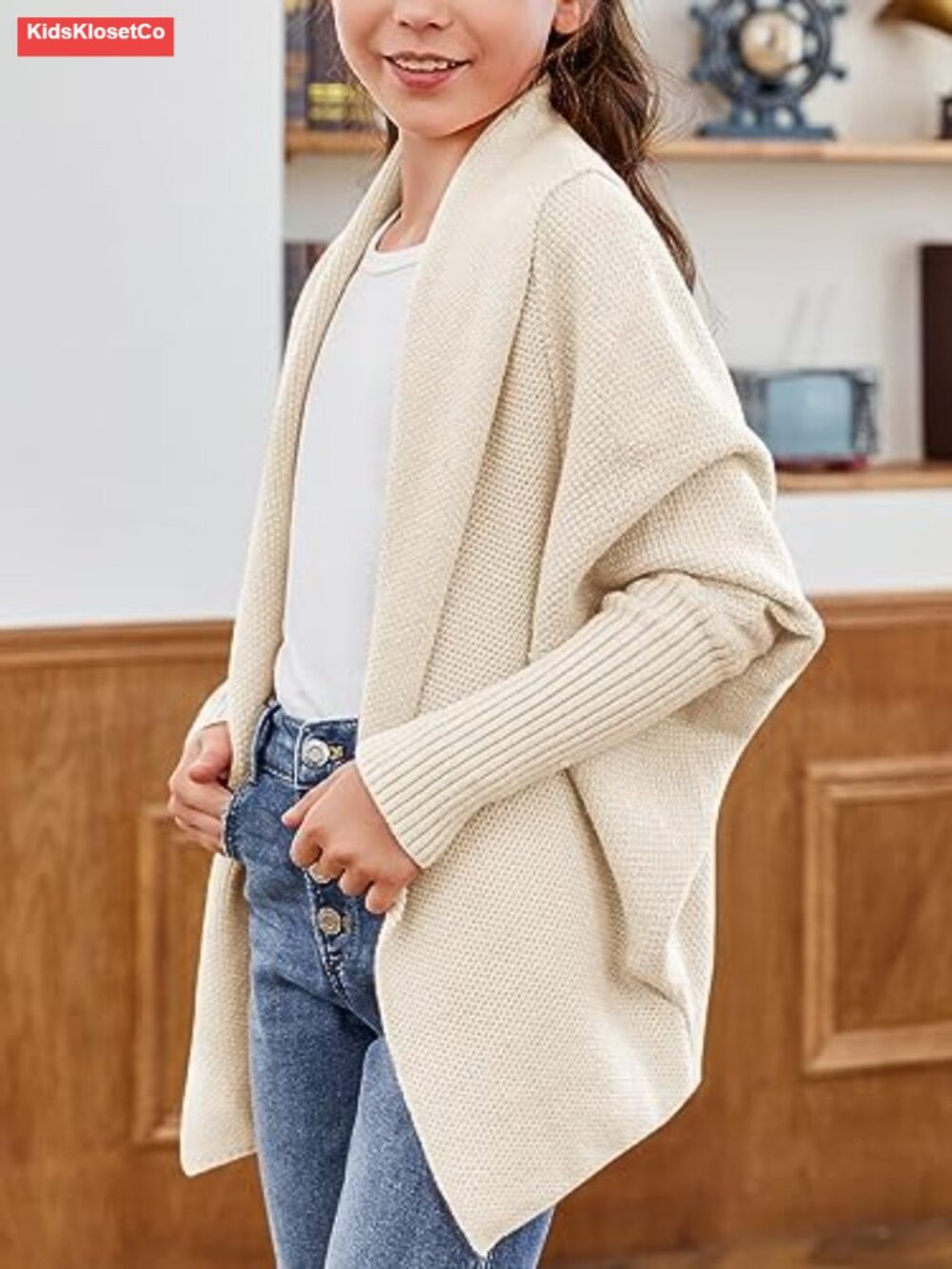Girls Open Front Cardigan Sweaters Batwing Long Sleeve Shawl Collar Ribbed Knit - Picture 3 of 6